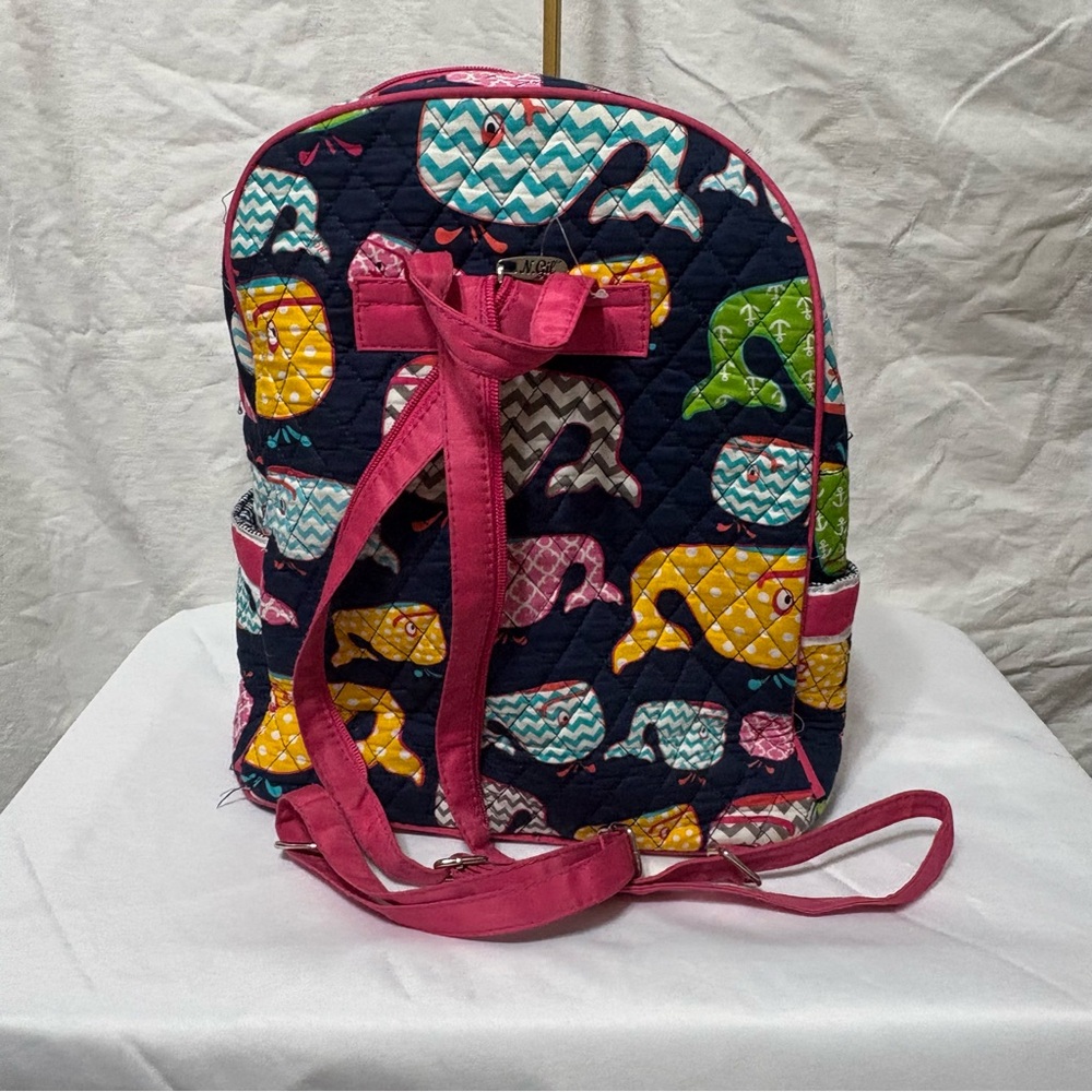 N.Gil Narwhal World quilted canvas backpack/diaper bag with whales and pink trim - Picture 4 of 13